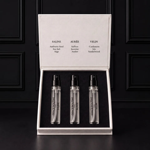 Discovery Set opened, SALINE, AURÉE and VELIN 2 ml Extraits de Parfum with their notes, Grace’ Routine