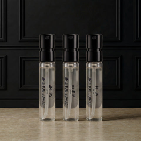 Three Grace’ Routine 2 ml Extrait de Parfum spray vials: SALINE, AURÉE and VELIN