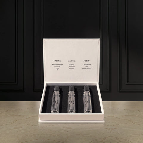 Open Discovery Set box with AURÉE, VELIN and SALINE samples, Grace’ Routine