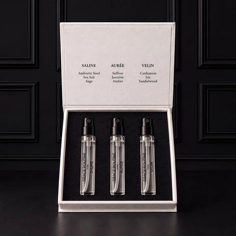 Discovery Set geöffnet, SALINE, AURÉE und VELIN 2 ml Extrait de Parfum, Grace’ Routine