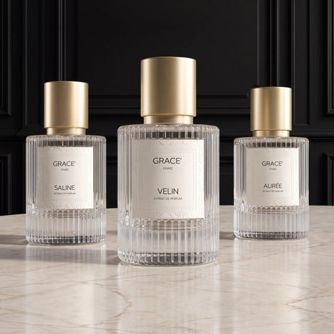 AURÉE, VELIN and SALINE perfume bottles with gold caps, Grace’ Routine