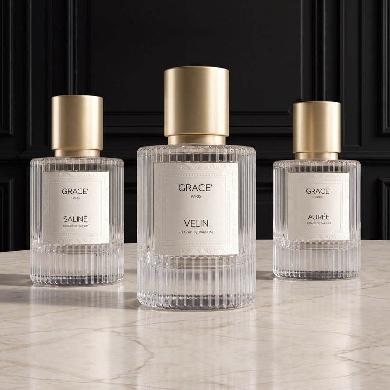 AURÉE, VELIN and SALINE perfume bottles with gold caps, Grace’ Routine