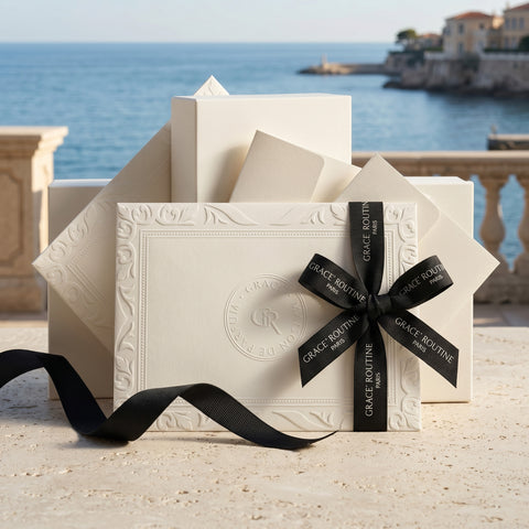 Embossed cream envelopes and cards with black ribbon by the sea, Grace’ Routine