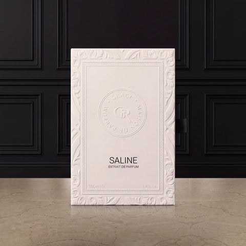 SALINE perfume box on a stone surface against a dark background, Grace’ Routine