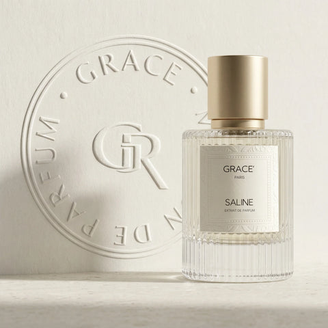 SALINE Extrait de Parfum bottle on blind-embossed paper, Grace’ Routine