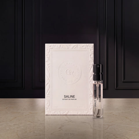 SALINE perfume packaging displayed against a dark background, Grace’ Routine